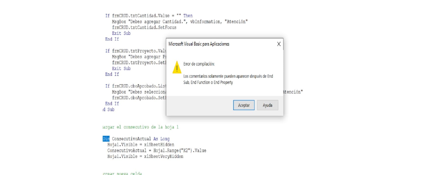 Error de compilación, los comentarios solamente pueden aparecer después ...