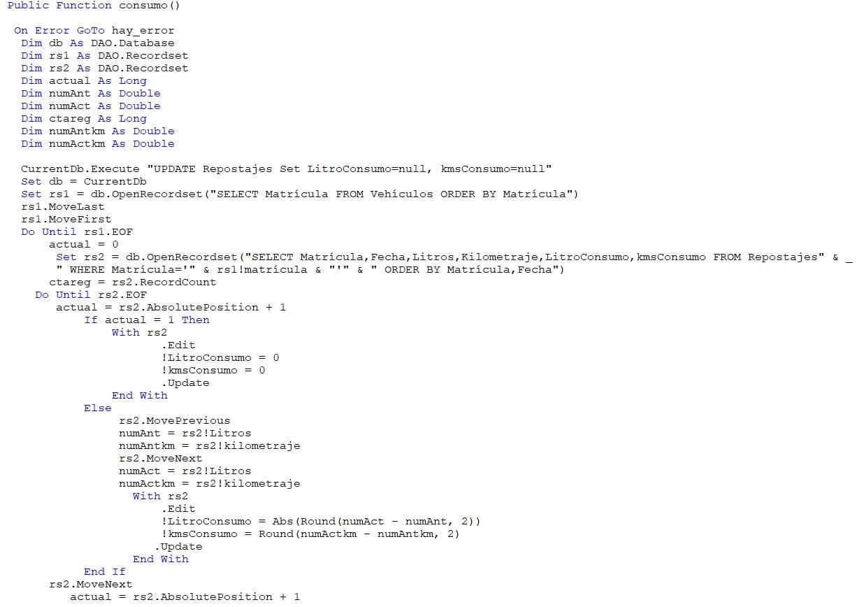 Calcular consumo combustible vehículos Access Microsoft